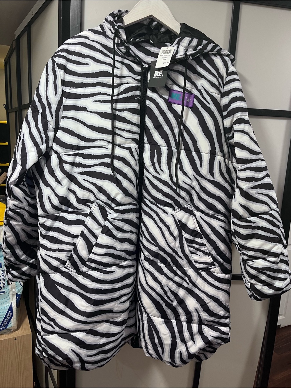 NWT Melody Ehsani ME Zebra Print Long Puffer Jacket Coat Large $185
